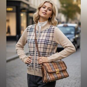 BALENCIAGA Nova Check Zip Cardigan Knit Jacket Sweater Logo Neutral Tan Wool S